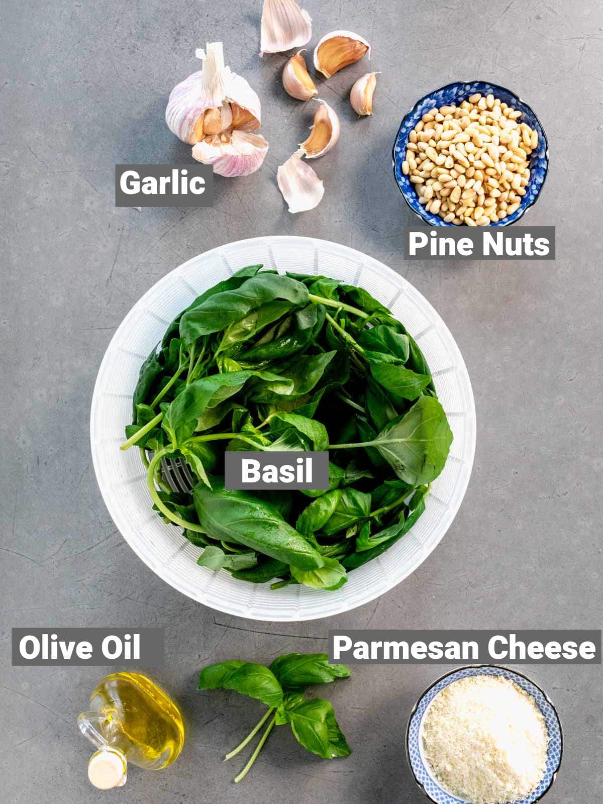 ingredients for basil pesto with labels