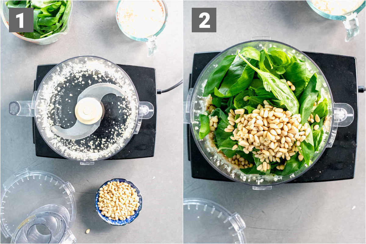 chop the garlic first, then add in the basil and pine nuts