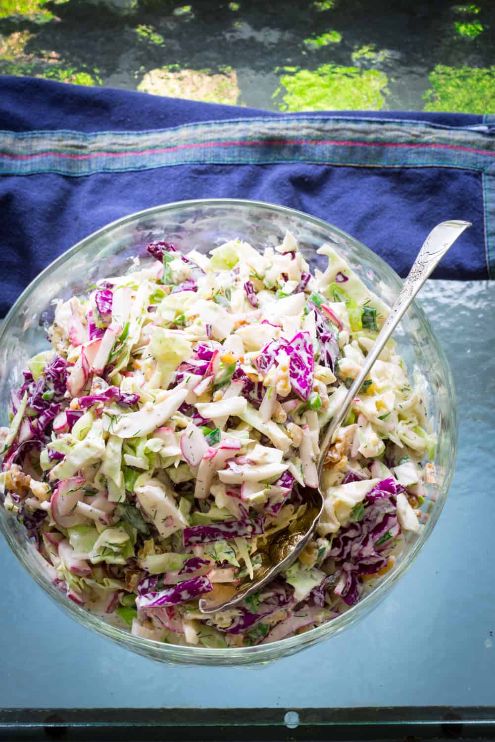 Creamy Blue Cheese and Walnut Coleslaw on a picnic table