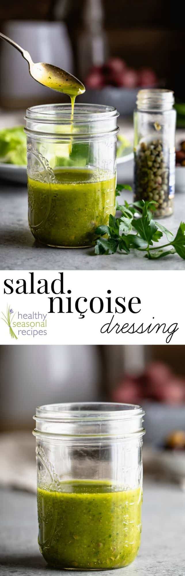 green Salad Nicoise dressing collage with text overlay