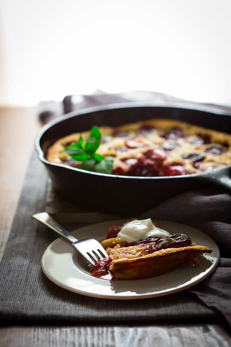 plum clafouti in a skillet