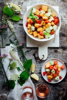 The 4 ingredient Melon and Mint Salad recipe I have for you today is utterly delicious in its simplicity. It takes just 10 minutes and is totally gluten free and dairy free! | Healthy Seasonal Recipes | Katie Webster