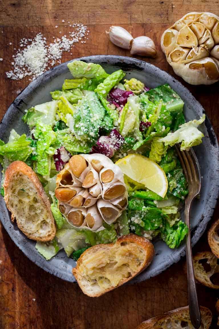 Roasted Garlic Caesar Salad in a serving bowl
