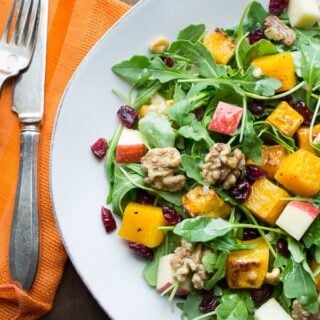 Baby Arugula Salad with roasted butternut squash, apples and walnuts from Caroline Hurley on healthyseasonalrecipes.com
