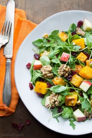 Baby Arugula Salad with roasted butternut squash, apples and walnuts from Caroline Hurley on healthyseasonalrecipes.com