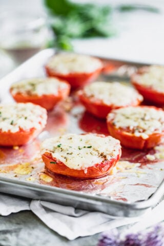 tomatoes on a sheet pan from the side