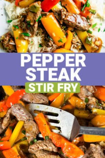 pepper steak stir fry with text overlay