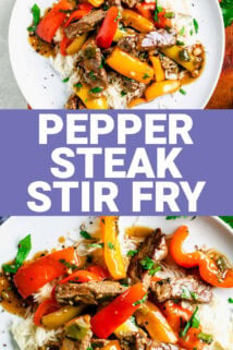 chinese pepper steak with text overlay