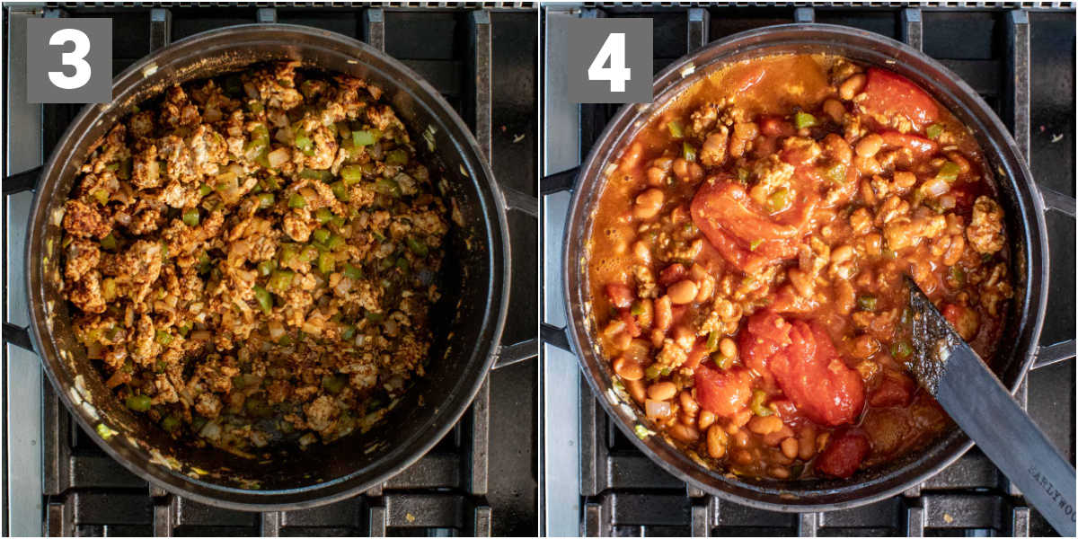 blooming the spices and adding in the liquid ingredients and beans