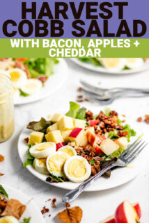 composed salad with eggs, apple and spiced nuts with a fork on a white plate
