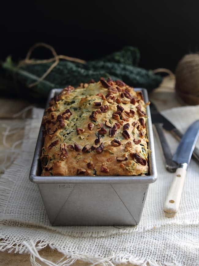 Kale and feta bread on in a loaf pan