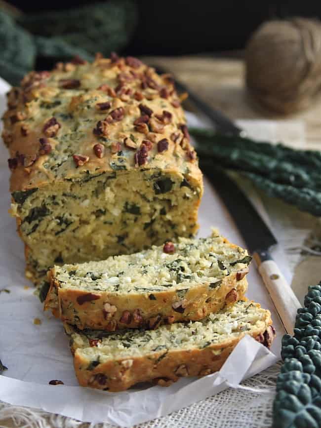 Feta bread with kale and walnuts cut into slices