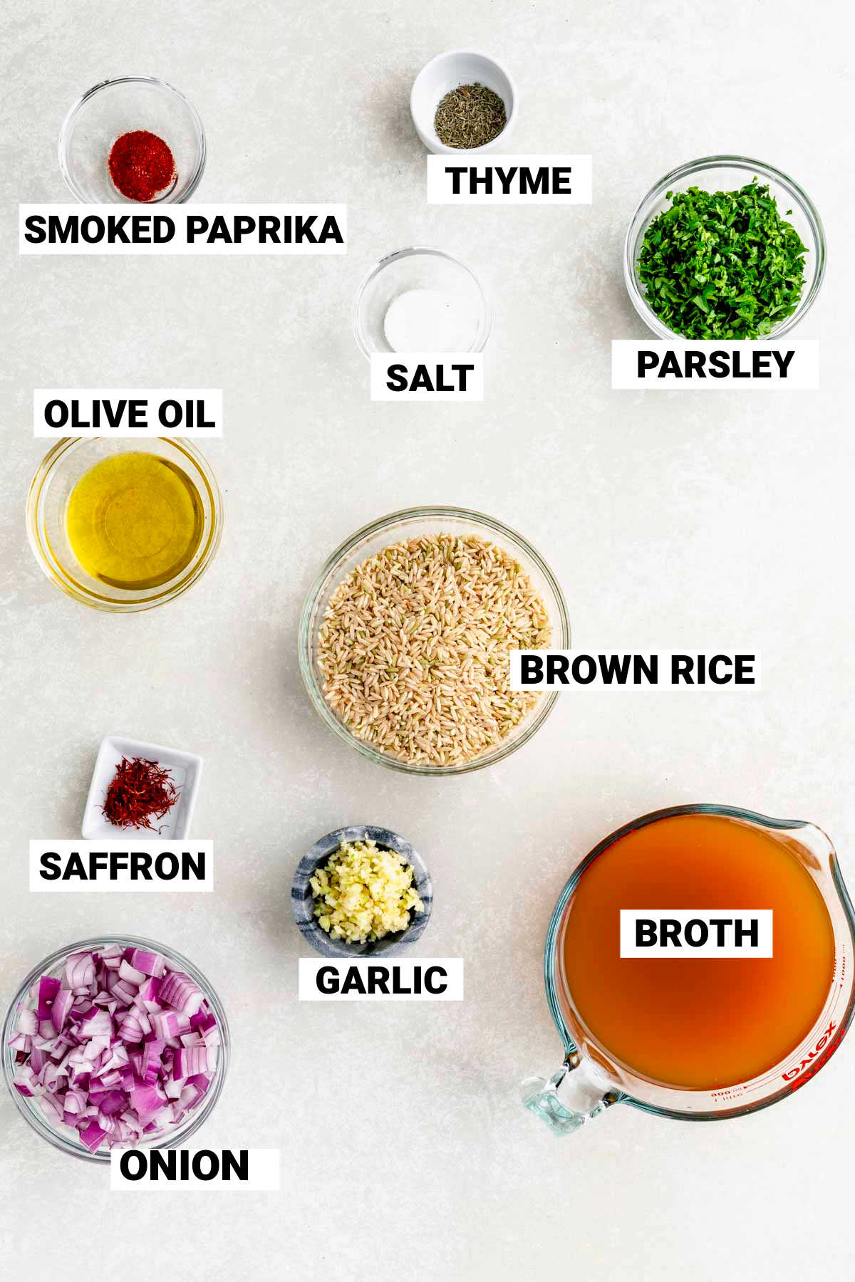 the ingredients in bowls on the white table with text overlay