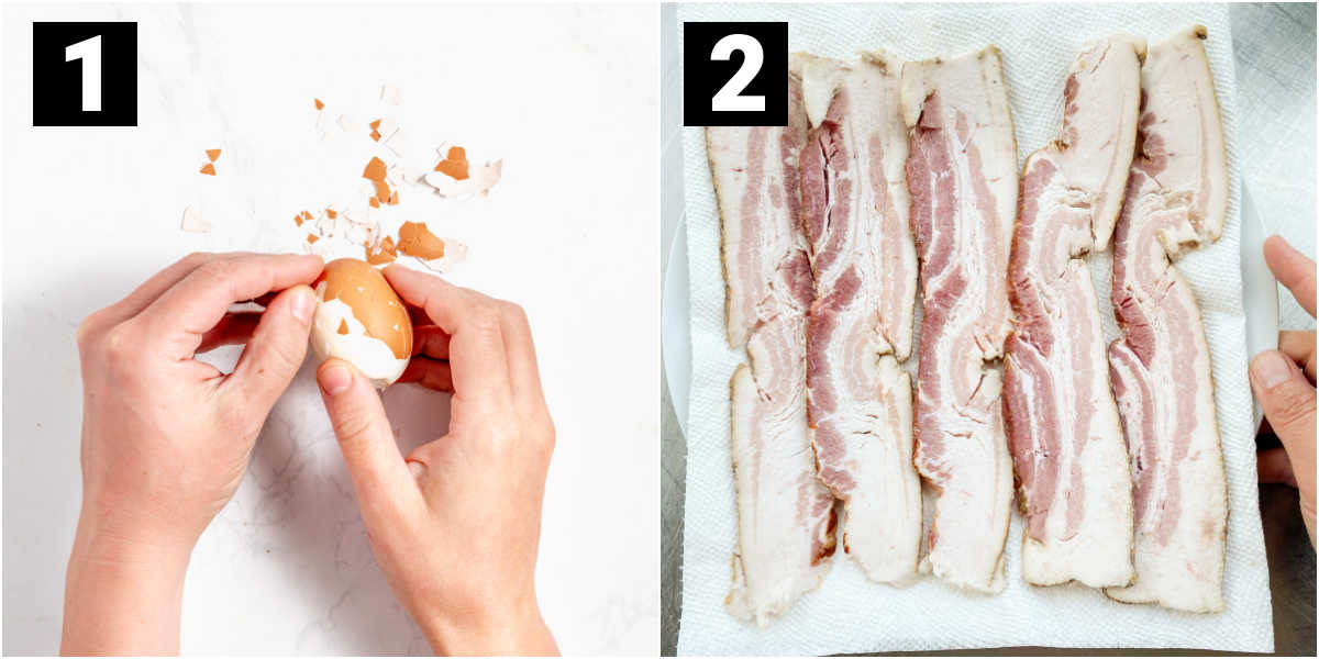 peel the eggs and lay bacon on a plate to microwave it