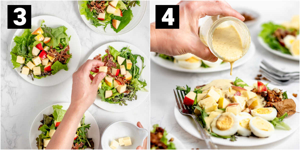 assembling the salads and pouring on the dressing
