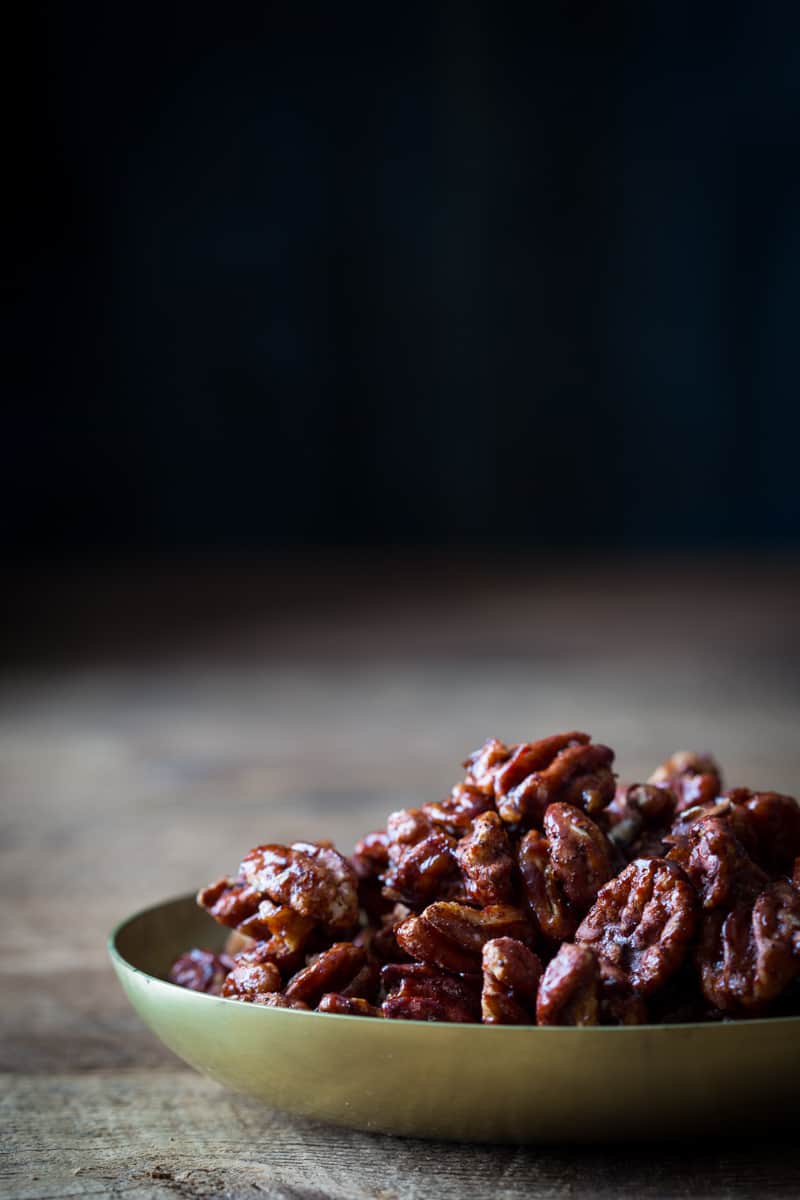 Chocolate Chili Spiced Pecans in a bowl