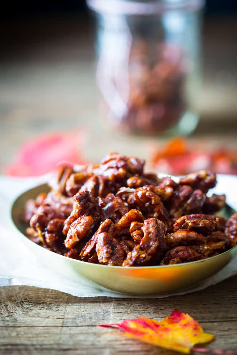 Chocolate Chili Spiced Pecans in a bowl