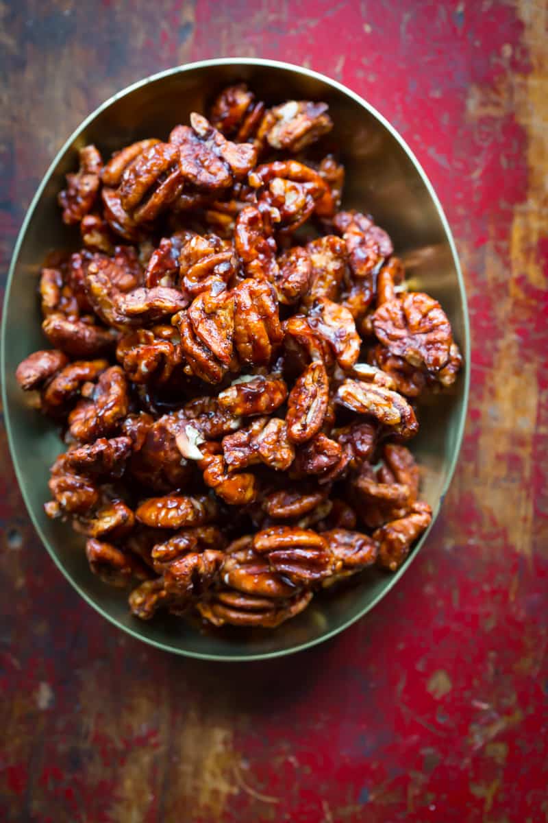 Spiced pecans with cocoa, chipotle and chili powder for a gift from the kitchen or appetizer.