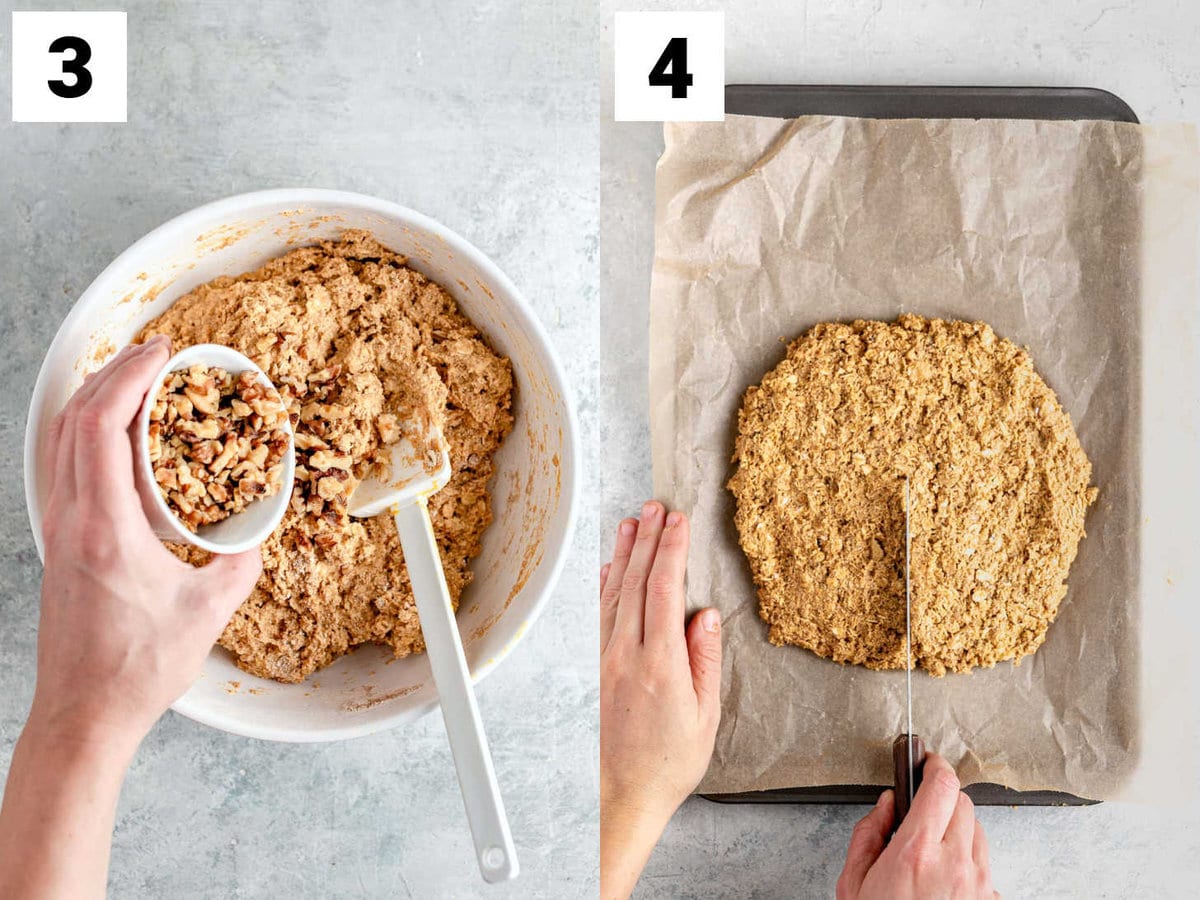 mixing the walnuts into the dough, scoring the scones