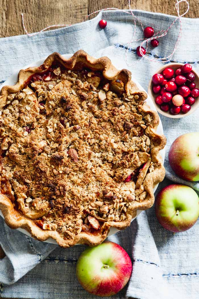 apple cranberry pie overhead with browned crumble topping