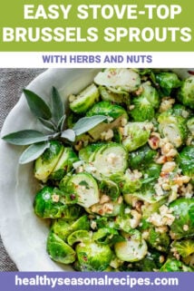 close-up overhead of brussels sprouts in a white bowl with a sprig of sage