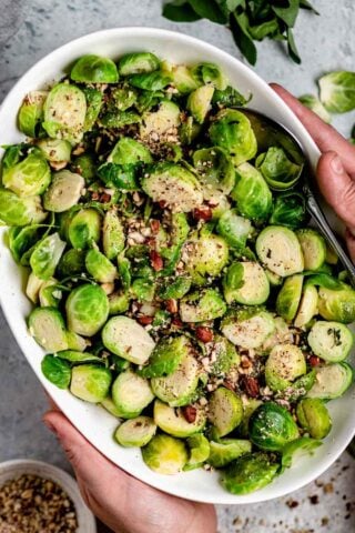 a bowl of hazelnut brussels sprouts