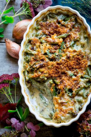 Baking dish of cheddar green bean casserole