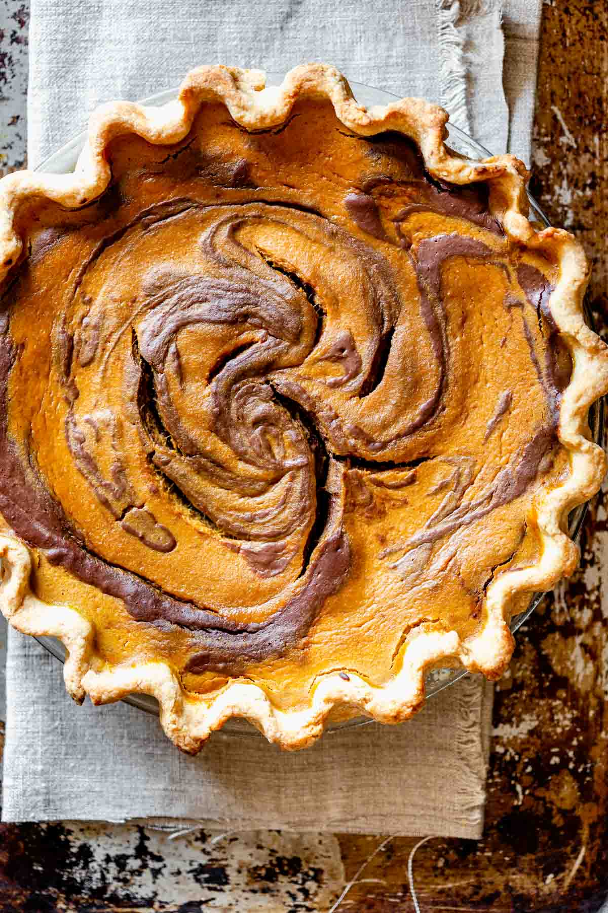 overhead of pumpkin chocolate pie