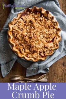 cranberry apple Dutch pie on a blue napkin with text