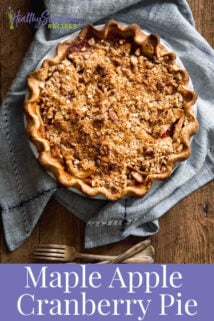 cranberry apple Dutch pie on a blue napkin with text on top