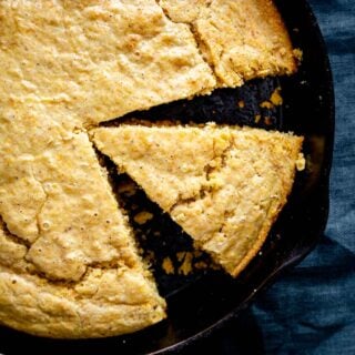 skillet cornbread slice in the pan