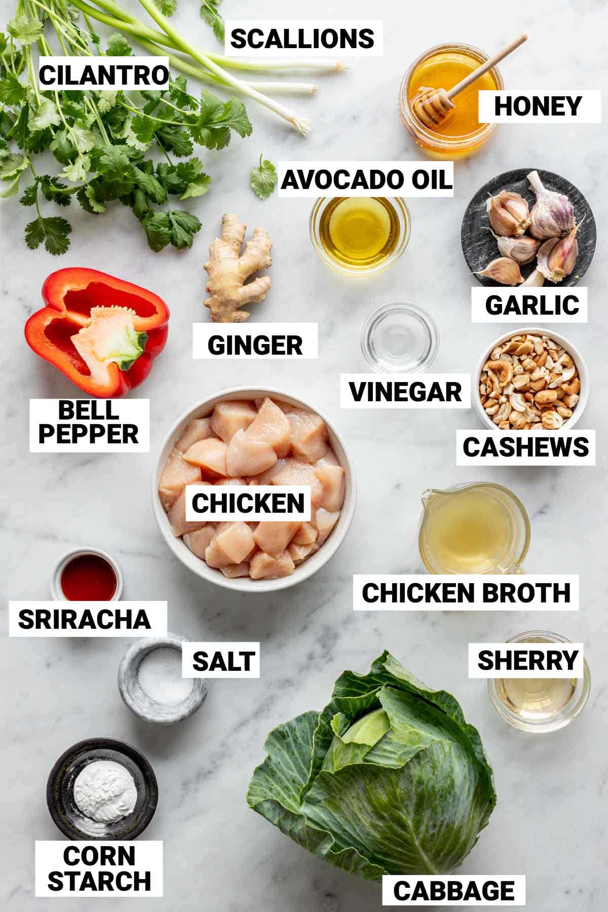 the cabbage, chicken and other stir-fry ingredients on a white table with text overlay labeling each one
