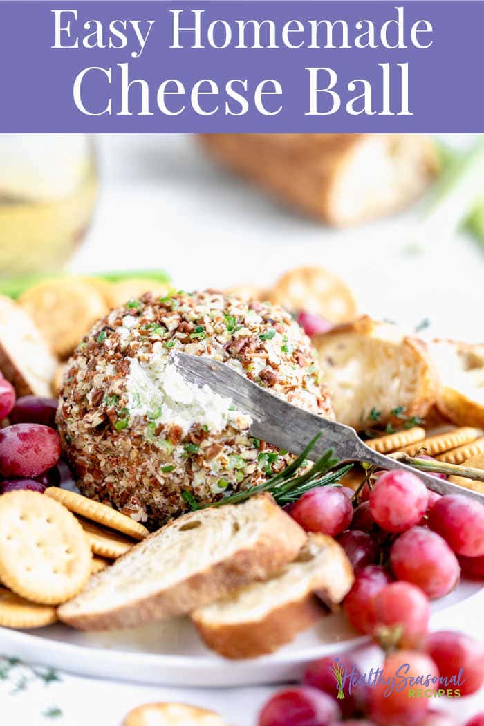 side view of cheese ball with text