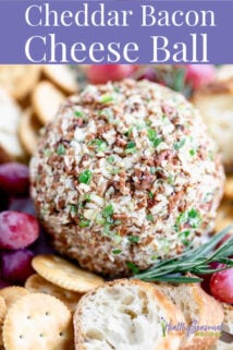 close-up of cheese ball with text