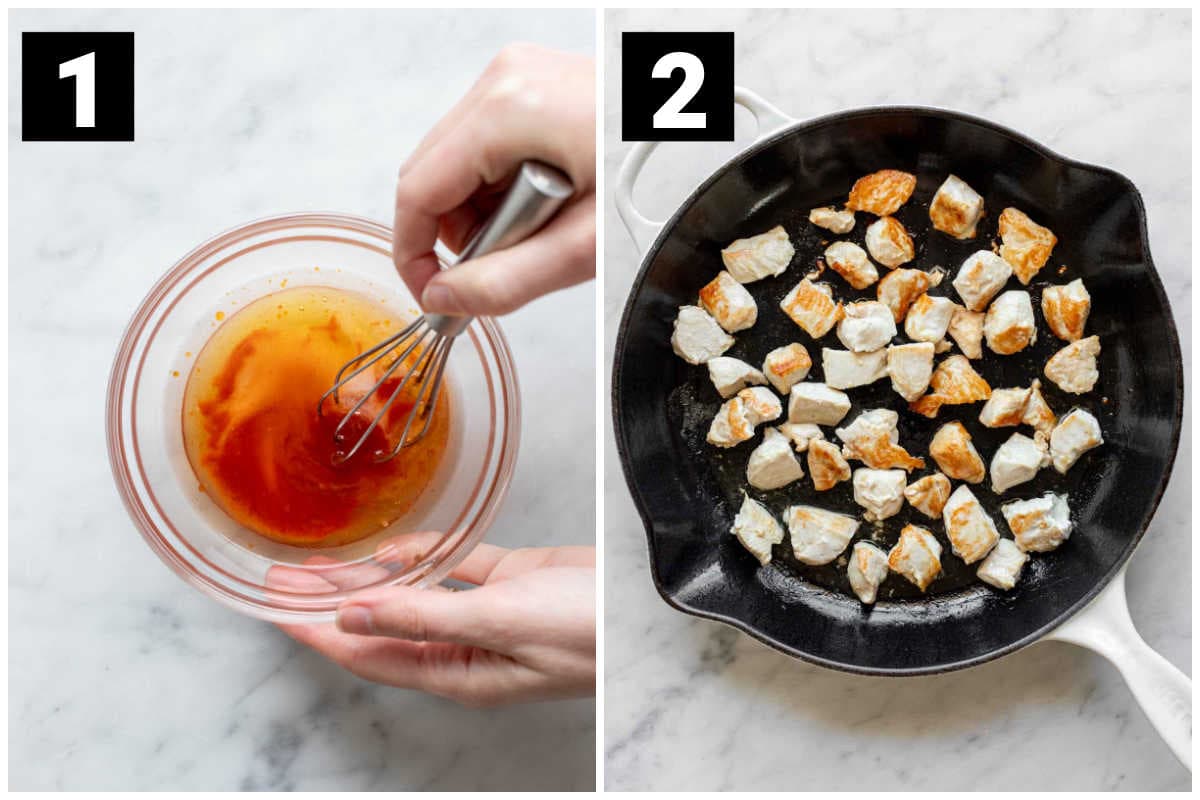 mixing the sauce and stir frying chicken