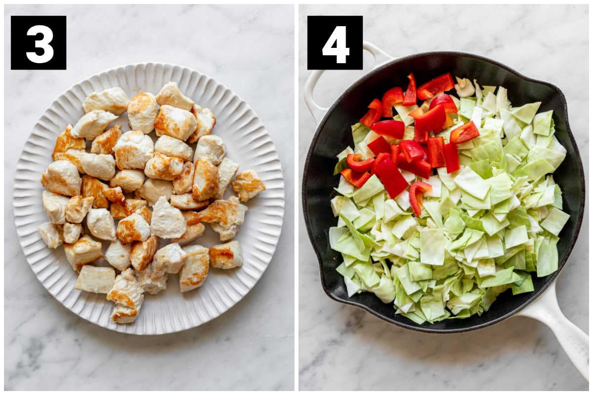 the chicken on a plate and the cabbage and pepper in a skillet
