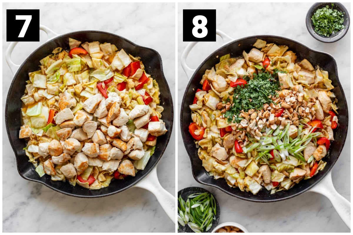 adding the chicken back to the cooked cabbage and pepper and then finishing the stirfry with the garnishes