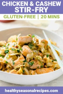 chicken stif-fry with purple graphics