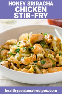 chicken stif-fry with purple graphics