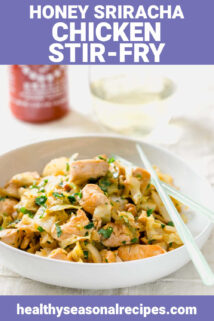 chicken stif-fry with purple graphics