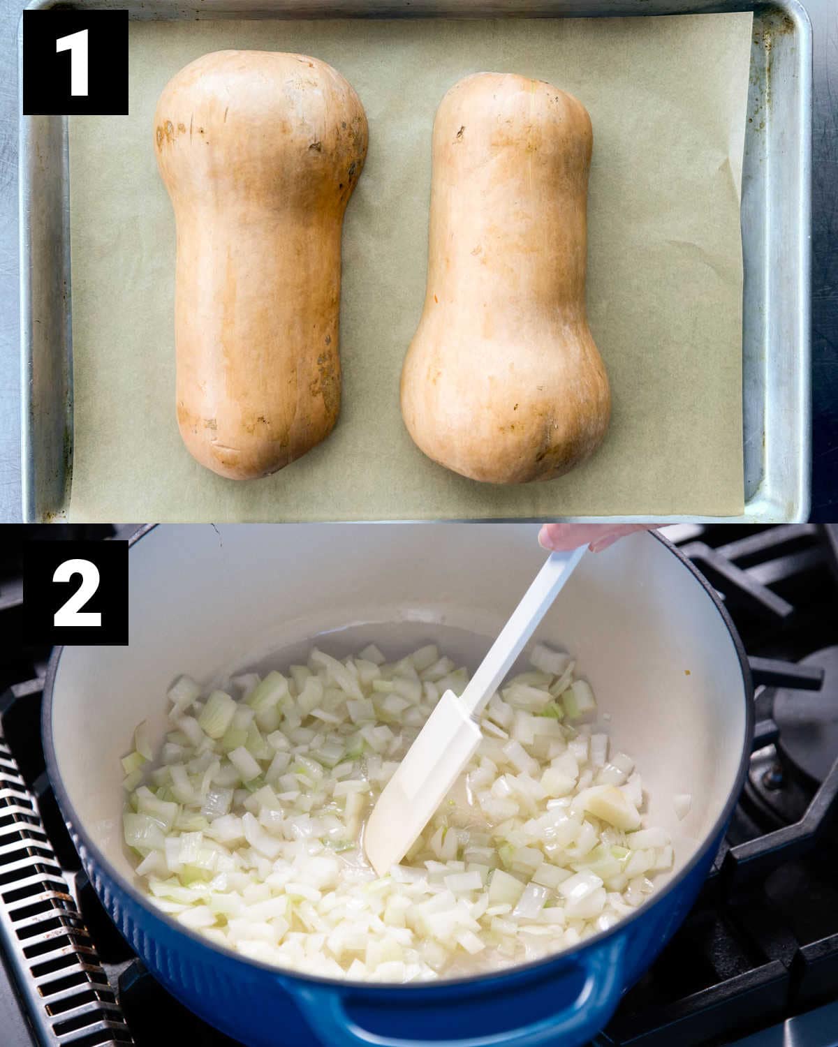 the squash on the baking sheet and cooking the onions