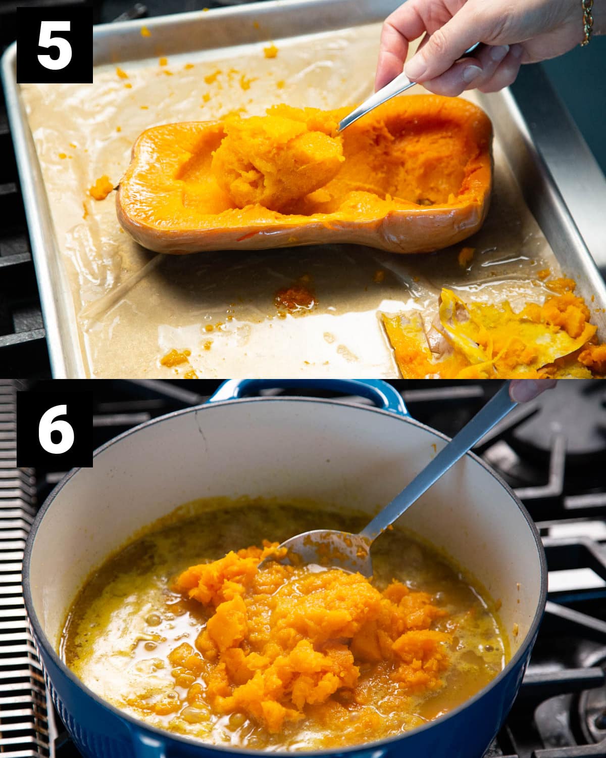 scooping out the squash and adding it to the soup