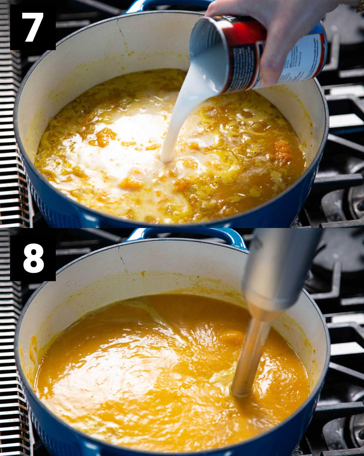 add coconut milk to soup and puree