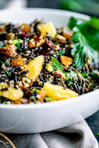 Close up of wild rice salad with oranges