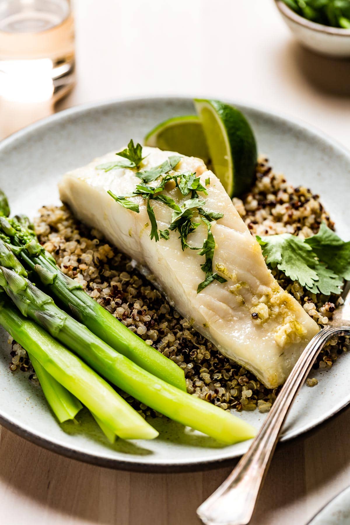 black cod with asparagus and quinoa