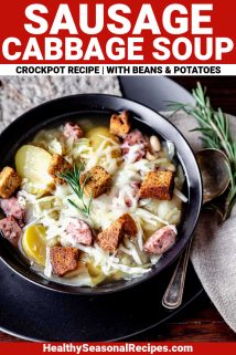 kielbasa and cabbage soup with text overlay