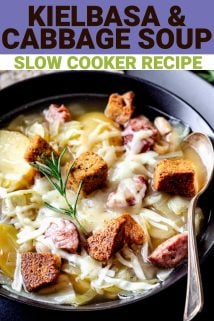 kielbasa and cabbage soup with text overlay