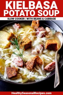 kielbasa and cabbage soup with text overlay