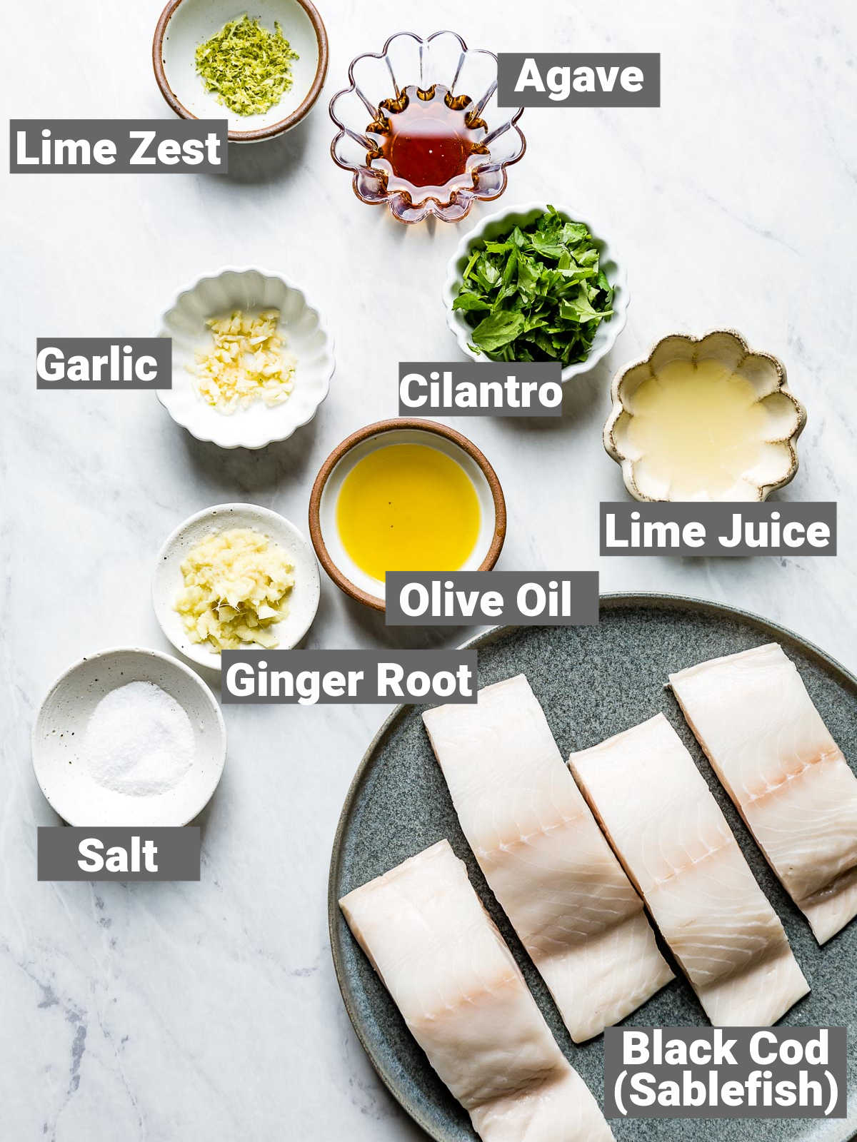 the ingredients for the black cod with labels