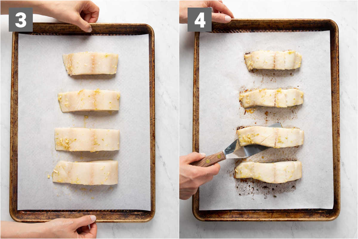 the fish before and after it is cooked on a baking sheet